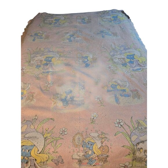 Vintage 80s The Smurfs Cartoon Pink BlanketSmurfette
